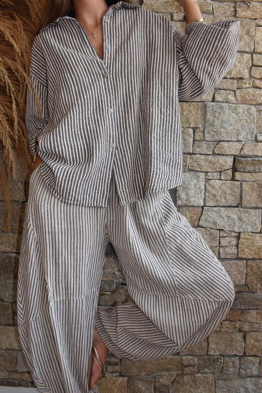 Sundaze Cheesecloth Chalk Stripe Boyfriend Shirt Mocha & White
